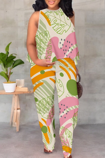 Beige Casual Print Patchwork O Neck Sleeveless Two Pieces