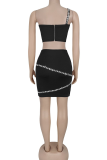 Black Sexy Solid Color Hot Drill Asymmetrical Collar Sleeveless Two Pieces