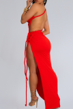 Red Sexy Solid Color High Slit Ruched Strapless Long Dresses