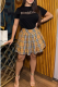 Black Casual Plaid Letters Hot Drill O Neck Short Sleeve Two Pieces