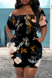 Black Sexy Print Pocket Off Shoulder Wrapped Skirt Dresses