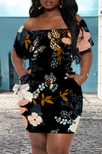 Black Sexy Print Pocket Off Shoulder Wrapped Skirt Dresses