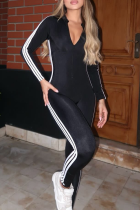 Black Casual Stripe Zipper Contrast Zipper Collar Skinny Jumpsuits