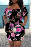 Black Sexy Print Pocket Off Shoulder Wrapped Skirt Dresses