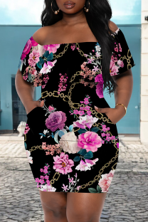 Black Pink Sexy Print Pocket Off Shoulder Wrapped Skirt Dresses