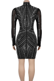 Black Sexy Solid Color Hot Drill O Neck Sheath Dresses