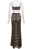 Coffee Sexy Solid Color Patchwork Spaghetti Strap Sleeveless Two Pieces