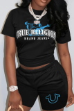 Black Casual Print O Neck Short Sleeve Two Pieces