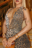 Leopard Print Sexy Leopard Print Backless Deep V Neck Printed Dresses