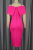 Rose Red Elegant Solid Color Hollow Out Hot Drill Zipper Spaghetti Strap Wrapped Skirt Dresses
