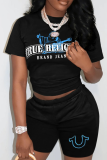 Black Casual Print O Neck Short Sleeve Two Pieces