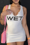 White Sexy Letters V Neck Wrapped Skirt Dresses