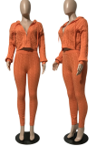 Orange Casual Solid Color Zipper Hooded Long Sleeve Two Pieces