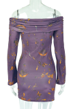 Purple Sexy Print Patchwork Off Shoulder Wrapped Skirt Dresses