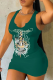 Green Sexy Print V Neck Wrapped Skirt Dresses