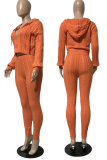 Orange Casual Solid Color Zipper Hooded Long Sleeve Two Pieces