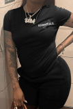 Black Casual Letters Patchwork O Neck Short Sleeve Two Pieces