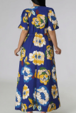 Deep Blue Elegant Print Strap Design Deep V Neck Long Plus Size Dresses