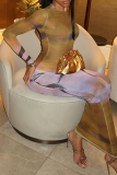 Yellow Purple Elegant Print O Neck Wrapped Skirt Dresses