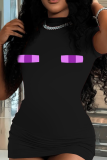 Black Sexy Print Patchwork O Neck Wrapped Skirt Dresses