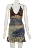 Colour Sexy Print Backless Halter Sleeveless Two Pieces