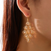 Gold Elegant Leaves Pearls Decor Flower Shape Earrings