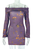 Purple Sexy Print Patchwork Off Shoulder Wrapped Skirt Dresses