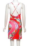 Colour Sexy Print Backless Spaghetti Strap Wrapped Skirt Dresses