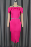 Rose Red Elegant Solid Color Hollow Out Hot Drill Zipper Spaghetti Strap Wrapped Skirt Dresses