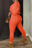Orange Casual Solid Color Zipper Hooded Long Sleeve Two Pieces