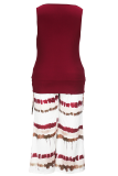 Burgundy Casual Print Metal Accessories Trim V Neck Plus Size Two Pieces