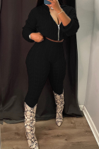 Black Casual Solid Color Zipper Hooded Long Sleeve Two Pieces