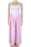 Pink Sexy Plaid Contrast U Neck Long Dresses