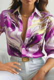 Purple Casual Print Buckle Turndown Collar Tops