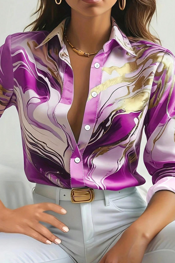 Purple Casual Print Buckle Turndown Collar Tops