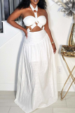 White Sexy Solid Color Hollow Out Halter Sleeveless Two Pieces