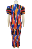 Colour Casual Print Pleated O Neck Long Dresses