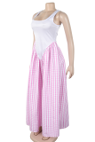 Pink Sexy Plaid Contrast U Neck Long Dresses