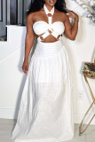White Sexy Solid Color Hollow Out Halter Sleeveless Two Pieces