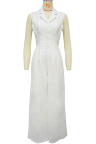 White Casual Solid Color Buckle Turndown Collar Bodycon Jumpsuits