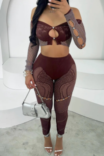 Burgundy Sexy Solid Color Lace Two Pieces