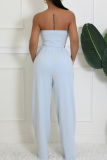 Light Blue Casual Heart Shaped Pocket Strapless Sleeveless Two Pieces