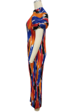 Colour Casual Print Pleated O Neck Long Dresses