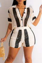 Black Casual Buckle Contrast Turndown Collar Short Sleeve Two Pieces