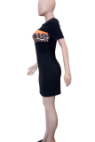 Black Casual Leopard Print Contrast O Neck Straight Dresses