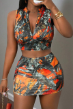 Orange Sexy Print Pocket Zipper Zipper Collar Sleeveless Two Pieces