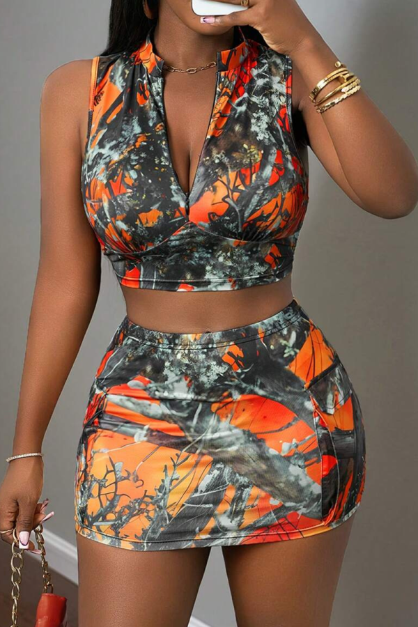 Orange Sexy Print Pocket Zipper Zipper Collar Sleeveless Two Pieces