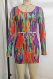 Purple Sexy Print Patchwork V Neck Long Sleeve Two Pieces