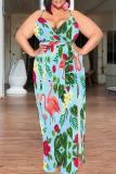 Black Green Casual Print High Slit Spaghetti Strap Long Plus Size Dresses