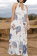 Blue White Casual Stripe Pocket Backless Halter Long Dresses